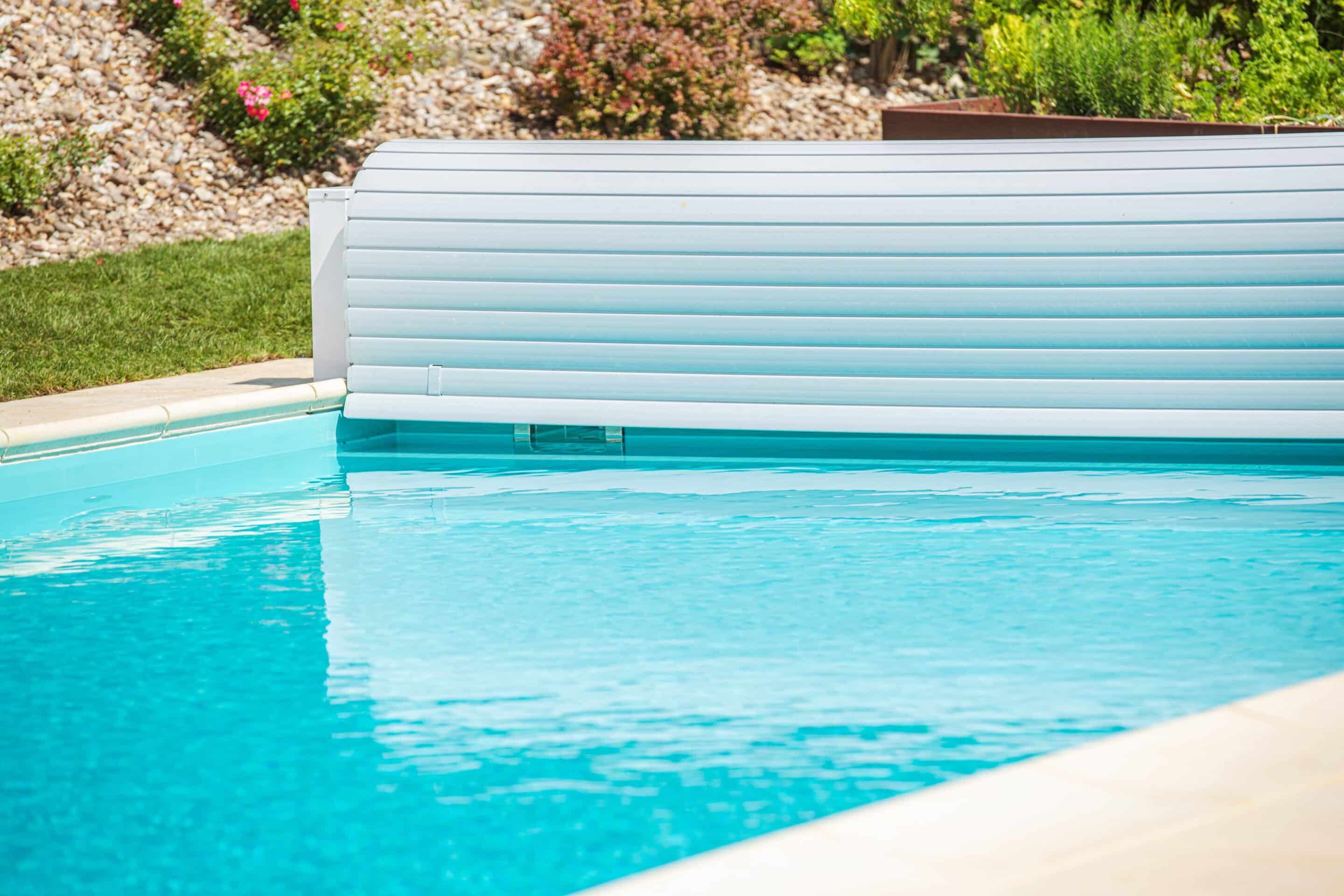 Automatic pool cover set up on an inground pool